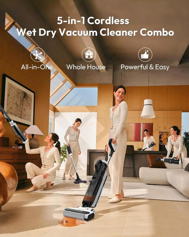 5-In-1 Combo Cordless Wet Dry Vacuum Cleaner - Lightweight Multi-Function Mop & Vacuum for Hard Floors & Carpets, Self-Propelled Vacuum Mop All in One for Whole-House Cleaning