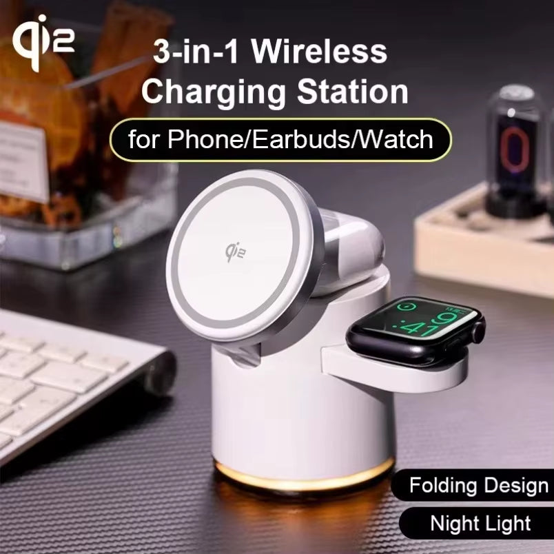 Qi2-Ladegerät Mit Nachtlampe, 3-In-1 Magsafe Wireless Chargers Station Für Iphone Und Samsung, Apple Watch, Magnetisches Ladezubehör