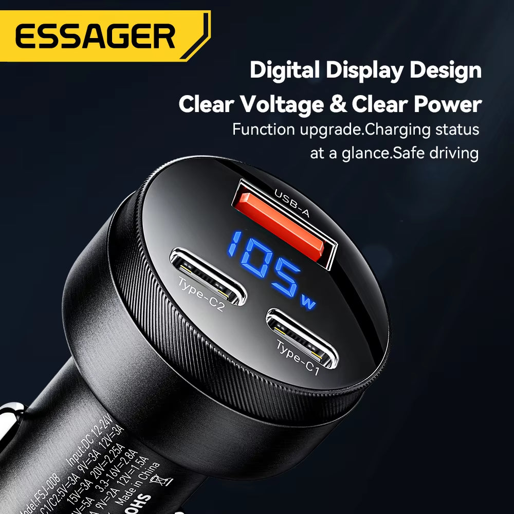 Essager USB C Autoladegerät 105 W Schnellladung PD3.0 QC4.0 3.0 SCP PPS USB Typ C Schnellladung Für Iphone 15 14 13 Samsung Xiaomi