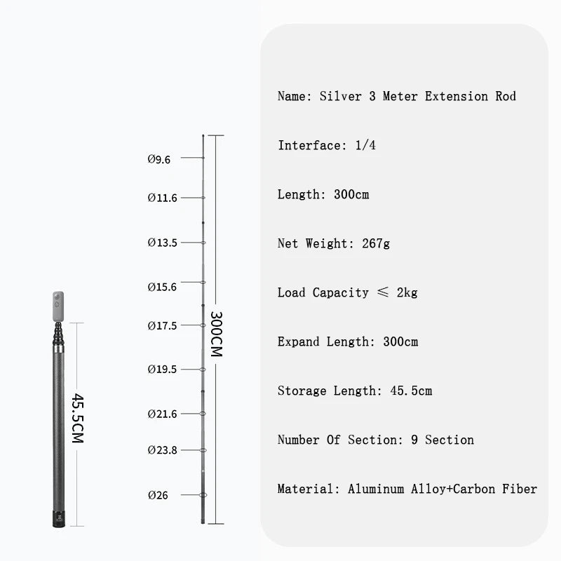 Erweiterbarer Carbon-Fiber Selfie-Stick 3m