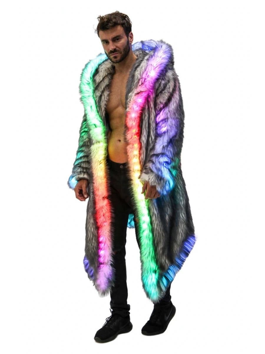New LED Faux Fur Coat for Men Hooded Comfortable Thickened Winter Coat  Multi-Scene Personalized LED Stage Dance Party Costume
