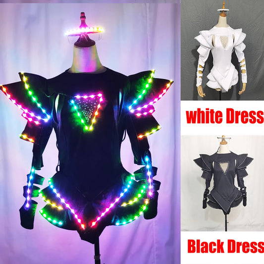 LED Skirt Glowing Dress Cosplay Costume Colorful Symphony Chain Jumpsuit Women DS Carnival Party Bar Nightclub Stage Performance