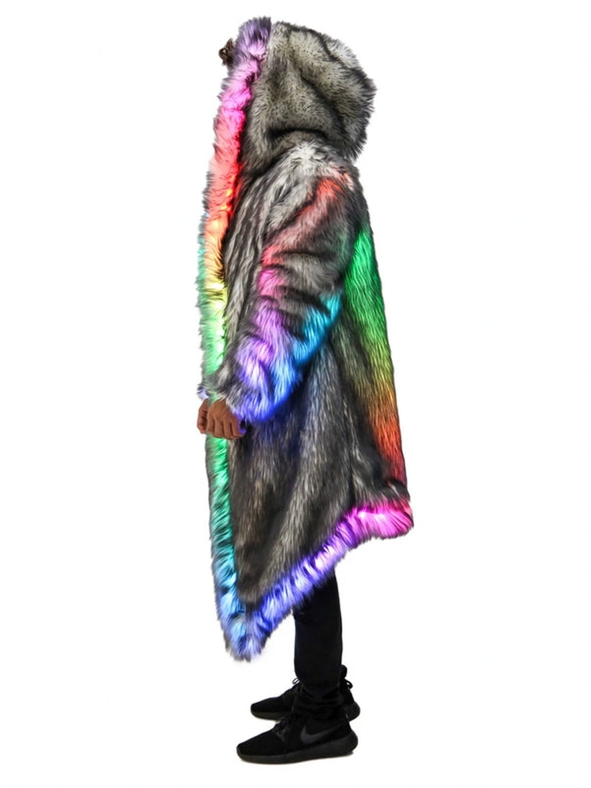 New LED Faux Fur Coat for Men Hooded Comfortable Thickened Winter Coat  Multi-Scene Personalized LED Stage Dance Party Costume