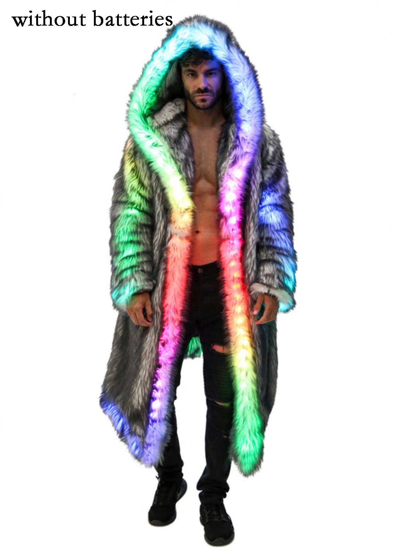New LED Faux Fur Coat for Men Hooded Comfortable Thickened Winter Coat  Multi-Scene Personalized LED Stage Dance Party Costume