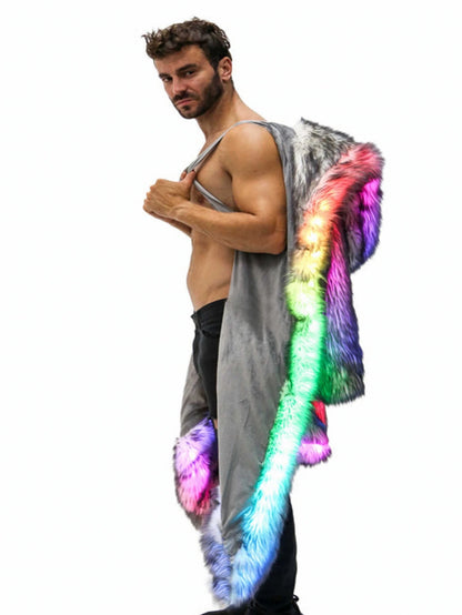 New LED Faux Fur Coat for Men Hooded Comfortable Thickened Winter Coat  Multi-Scene Personalized LED Stage Dance Party Costume