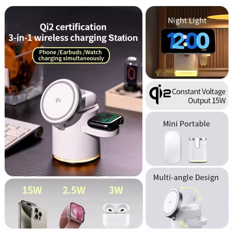 Qi2-Ladegerät Mit Nachtlampe, 3-In-1 Magsafe Wireless Chargers Station Für Iphone Und Samsung, Apple Watch, Magnetisches Ladezubehör